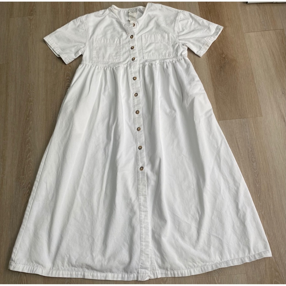 Vintage Moda International White Cotton Denim Button Front Midi Dress Womens 6